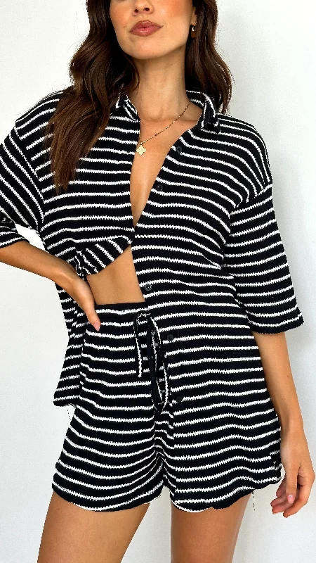 Relaxed Fits Lacole Button Up Shirt and Shorts Set - Black / White Stripe