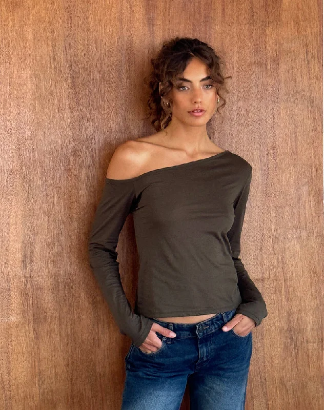 Relaxed Dresses Ledez Asymmetrical Slouchy Top in Olive Tissue Jersey