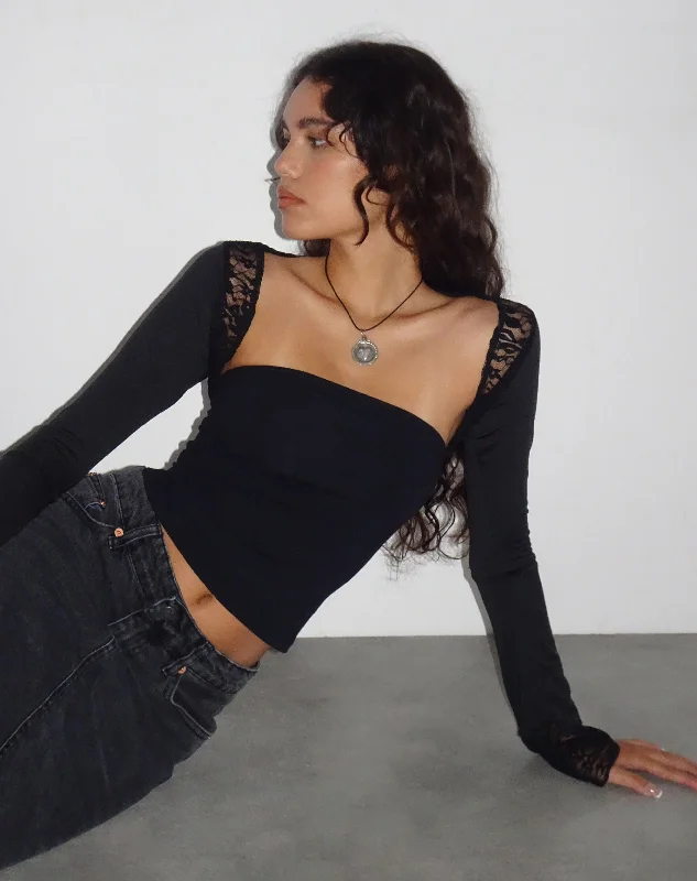 Youthful Street Fashion Lenny Lace Shrug Top in Slinky Black with Black Lace Trim