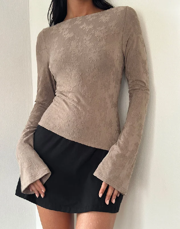 Body Design Lunica Long Sleeve Jersey Top in Jacquard Light Taupe