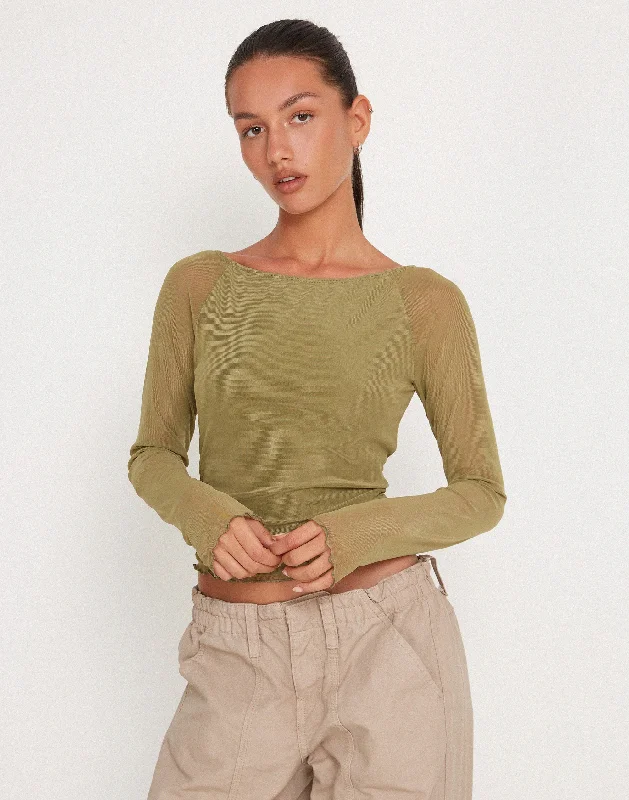Summer Selection Mahira Long Sleeve Mesh Top in Olive