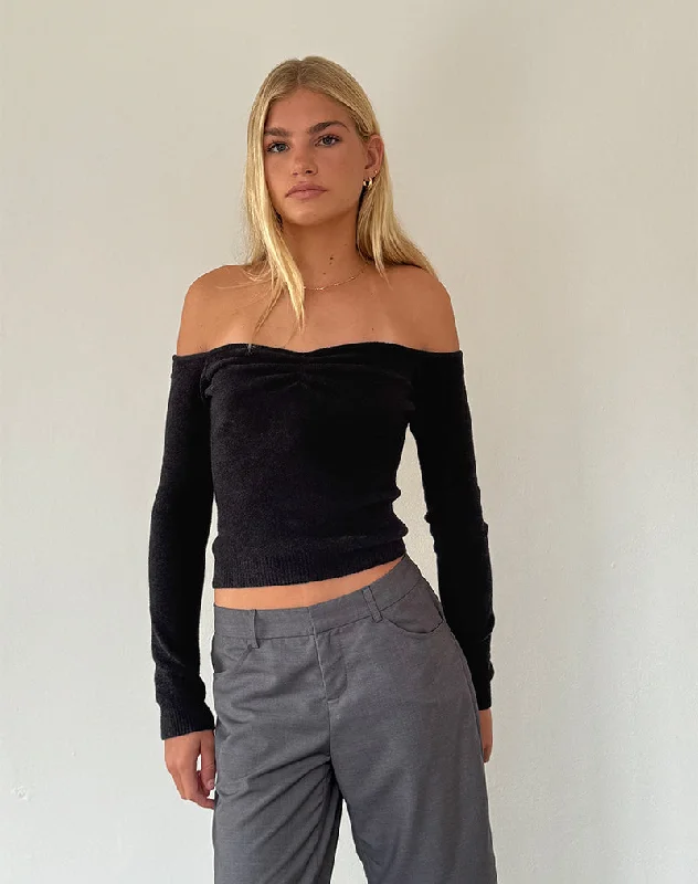 Unique Fashion Makena Bardot Jumper in Brushed Black