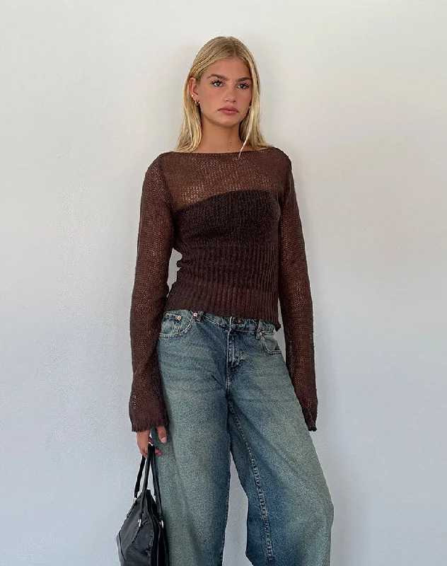 Light Comfort Manon Long Sleeve Sheer Knit Top in Chocolate Brown