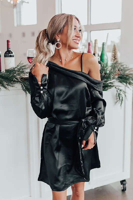 All-Day Wear More Pinot, Please Satin Dress In Black