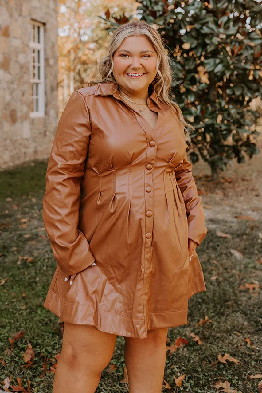 Elegant Tailoring Mostly Amused Faux Leather Dress in Camel Curves