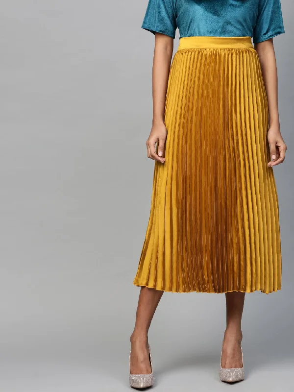 Urban Style Mustard Satin Pleated Midi Skirt
