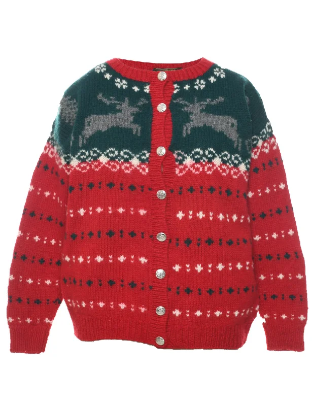 Multifunctional Style Nordic Wool Red Cardigan - M