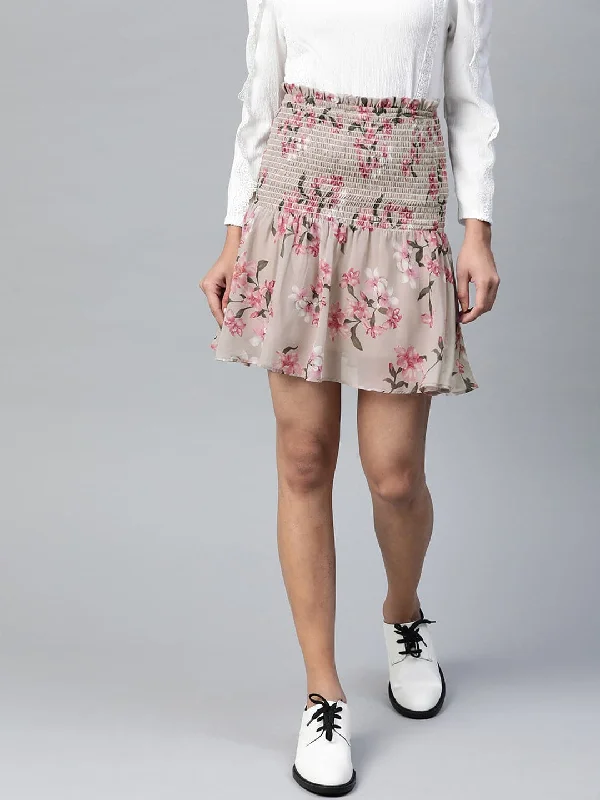 French Retro Olive Floral Smocking Mini Skirt