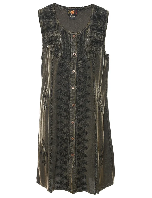 Everyday Outfits Olive Green 1990s Embroidered Dress - L
