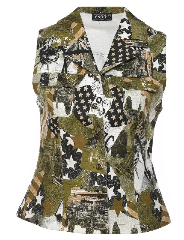 Warm Layers Olive Green & Black Y2K Printed Waistcoat - S