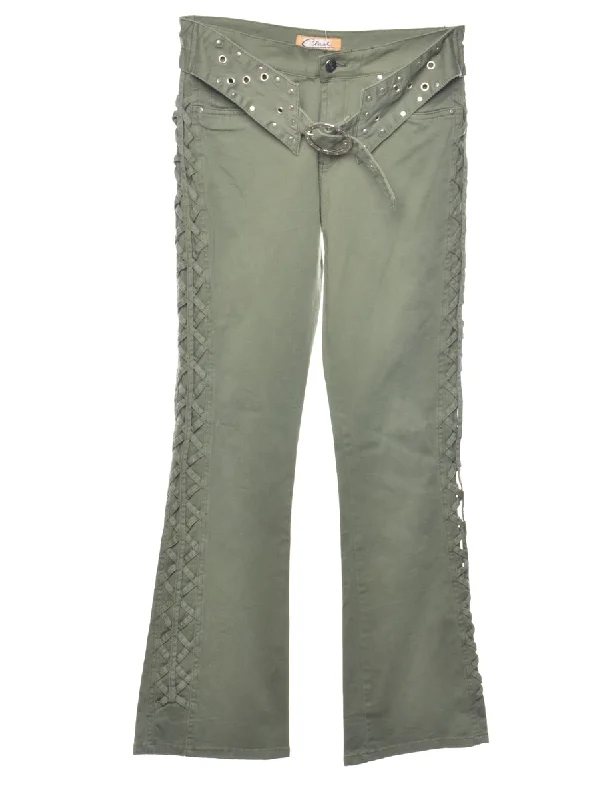Minimalism Olive Green Y2K Lace-Up Detail Bootcut Jeans - W28