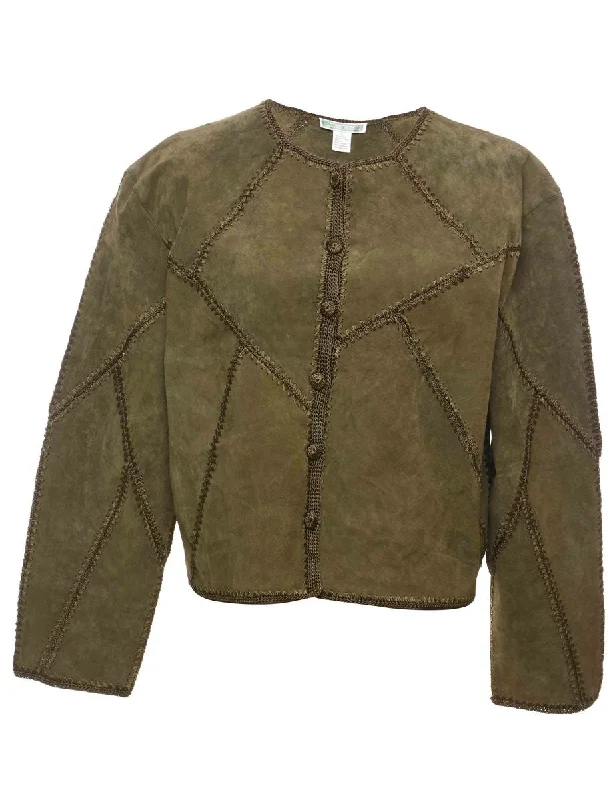 Chic Comfort Wear Olive Green Crochet & Suede Cropped Jacket - L