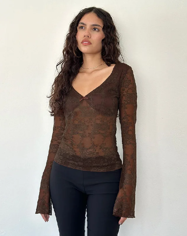 Bright Colors Orphee Long Sleeve Lace Top in Brown