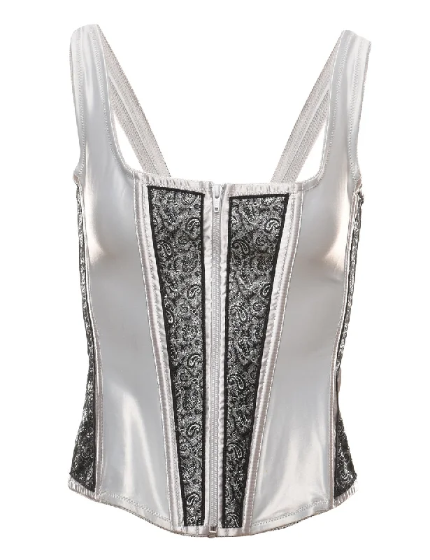 Classic Items Paisley Print Black & Silver Metallic Boned Corset - S