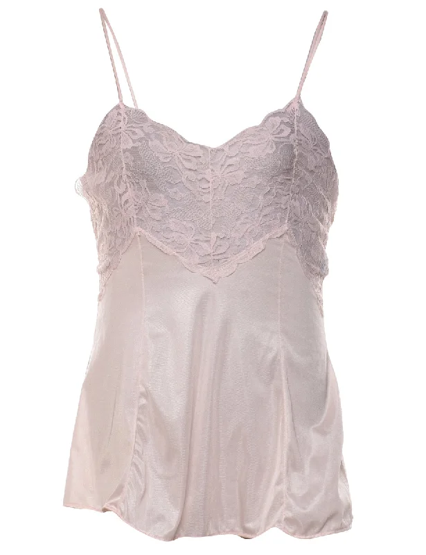 Breezy Outfits Pale Pink Lace Trim Silky Slip Top - M