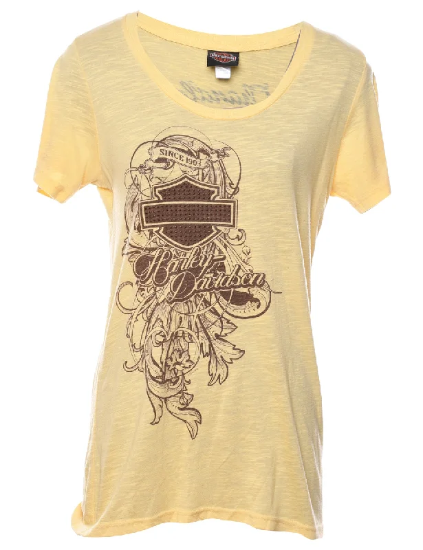 Playful Style Pale Yellow Harley Davidson Y2K Printed T-shirt - M