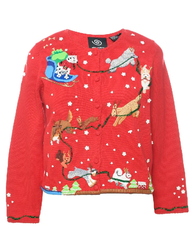 Exquisite Embroidery Patchwork Christmas Cardigan - M