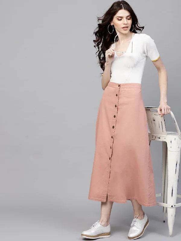 High-end Sense Pink Denim Longline Buttoned Skirt