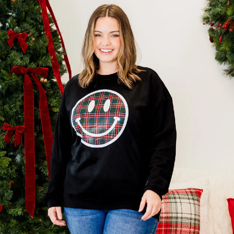 Fashionable Items Plaid Smiley Pullover, Black