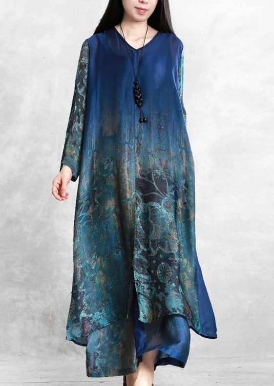 Comfy Pants Plus Size Loose-blend Silk Blue V-neck Shirt + Wide-leg Pants Two Pieces