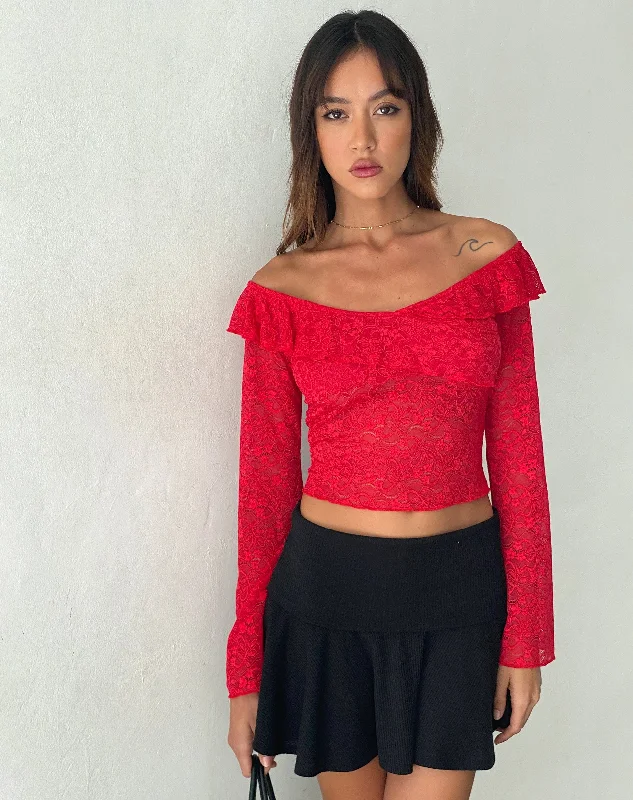 Comfortable Looks Soka Bardot Frill Top in Red Lace