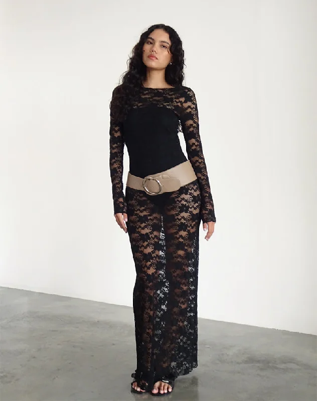 Layered Comfort Sophie Unlined Maxi Dress in Black Jasmine Lace
