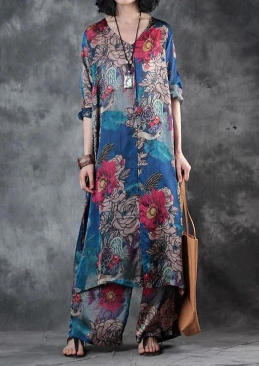 Cozy Fit Wear Summer Blue Prints Cotton Blended Side Open Tops And Elastic Waist Wide Leg Pants Two Pieces Cozy Fit Wear Summer Blue Prints Cotton Blended Side Open Tops And Elastic Waist Wide Leg Pants Two Pieces