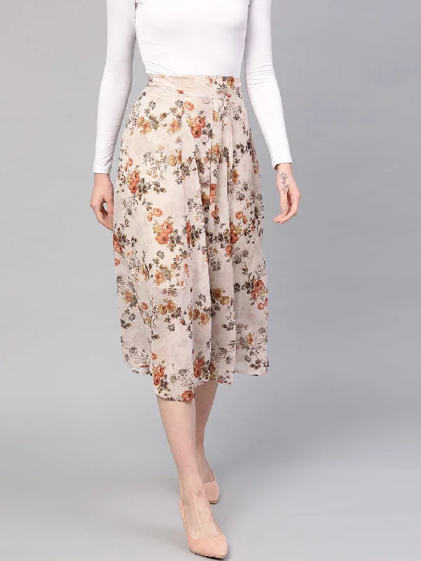 Youthful Style Taupe Floral A-Line Skirt