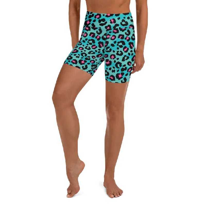 Exquisite Tailoring Turquoise Leopard Print Yoga Shorts