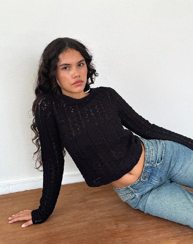 Cozy Fashion Venia Knitted Long Sleeve Top in Black