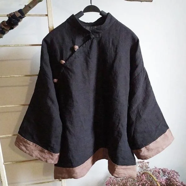 Versatile Casuals Women Autumn Black Vintage Shirts Linen Stand Long Sleeve Button Blouses