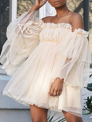 Soft Trends One-Shoulder Long Sleeve Mesh Mini Dress