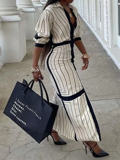 Cozy Fashion Trends KittenAlarm - Striped Lapel Button Long Sleeve Shirt Dress