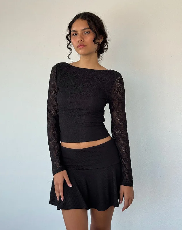 Energy Plan Xiabon Backless Long Sleeve Top in Lace Black