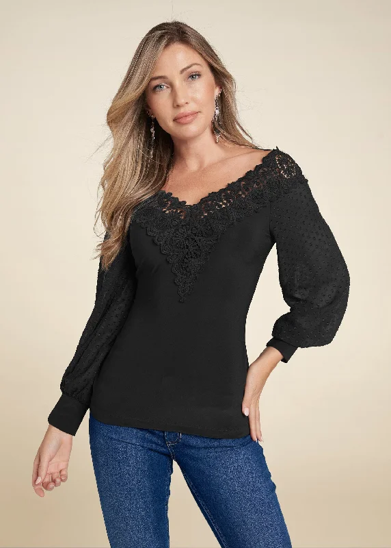 Relaxed Chic Lace Neckline Top - Black