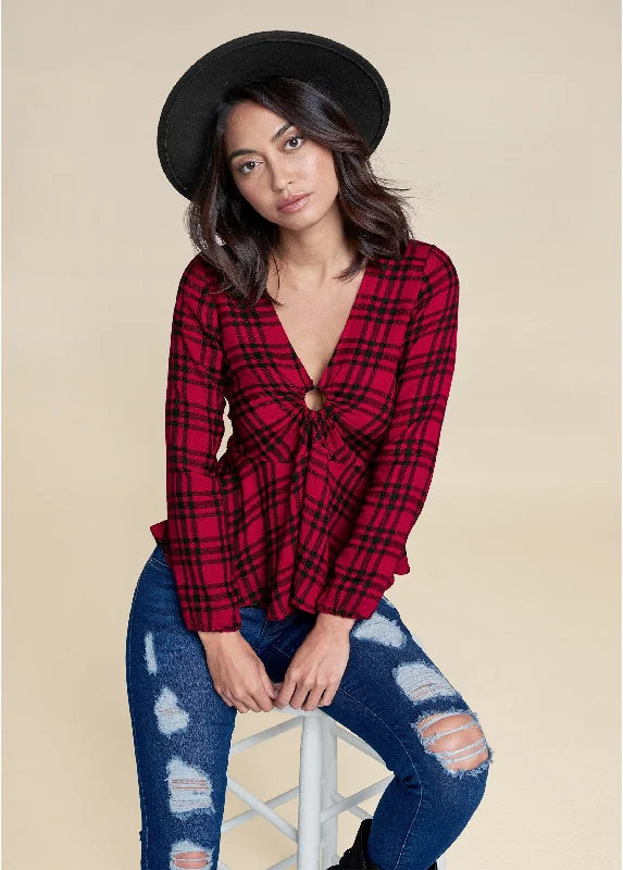 Elegant Design Plaid Ring Detail Top - Red Multi
