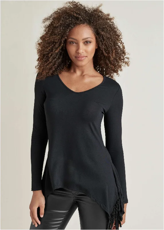 Trendy Dresses Fringe Detail Tunic Top - Black