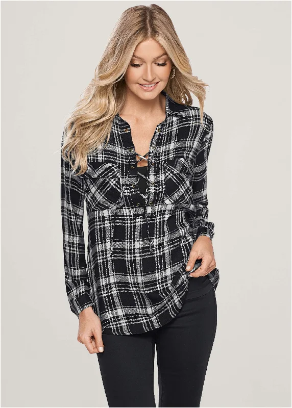 Fashion Style Plaid Lace-Up Top - Black Multi