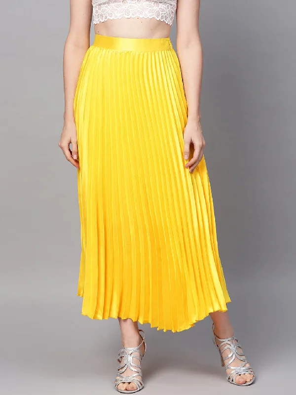 Elegant Design Yellow Satin Pleated Maxi Skirt