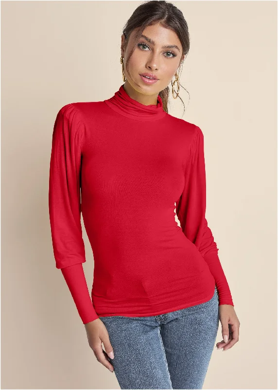 Lively And Youthful Turtleneck Long Sleeve Top - Red