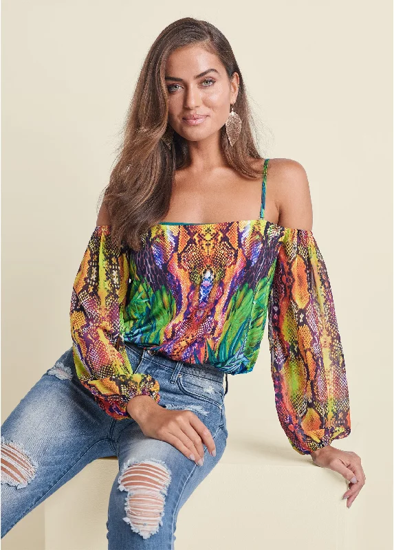Knowledge And Elegance Printed Cold-Shoulder Top - Teal Multi
