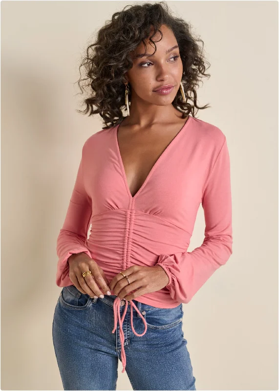 Breathable Comfort Ruched V-Neck Top - Coral