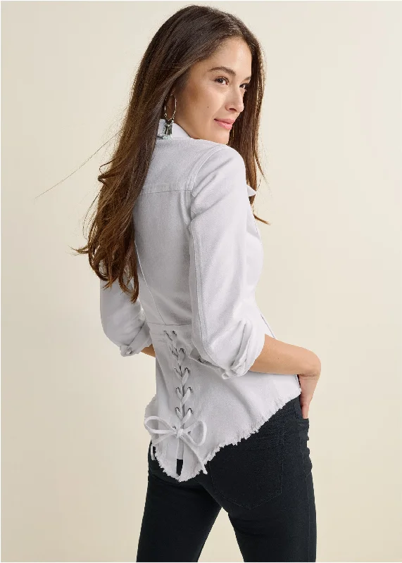 Comfortable Fashion Lace-Up Back Denim Top - White Denim