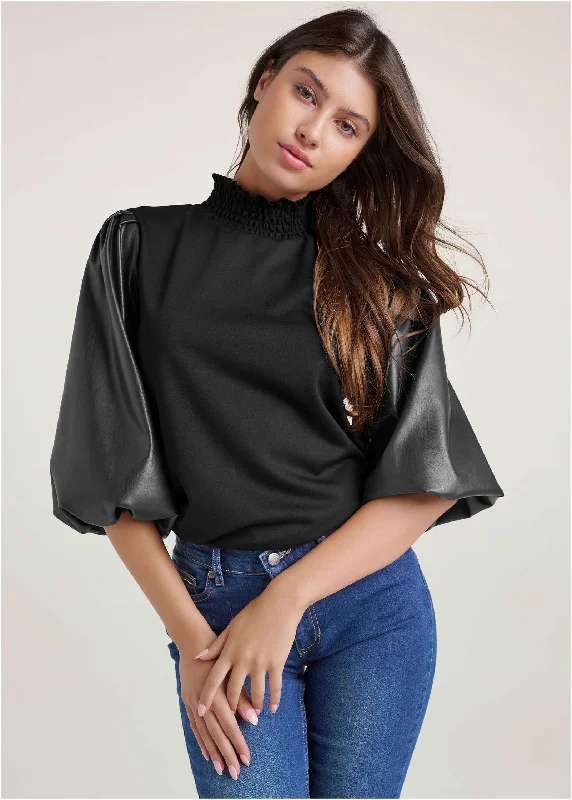 Relaxed Tops Faux-Leather Mock-Neck Top - Black