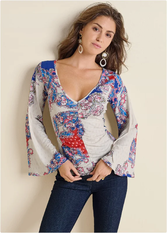 Elegant Style Ruched Printed Top - Red Multi