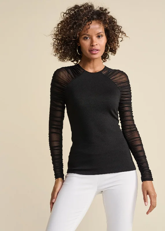 Classic Color Mesh Ruched Top - Black
