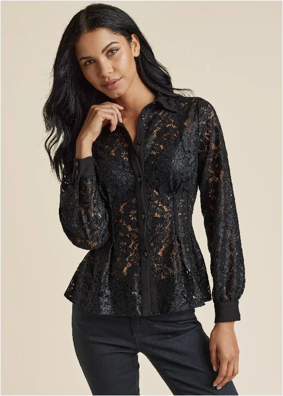 Slightly Flared Design Lacquered Lace Top - Black