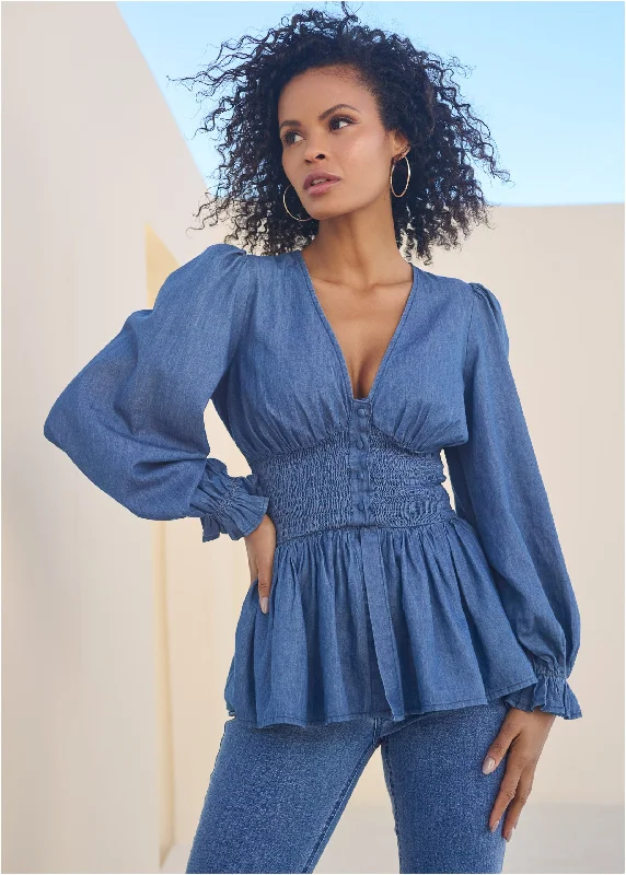 Simple Chic Smocked Waist Chambray Top - Medium Wash