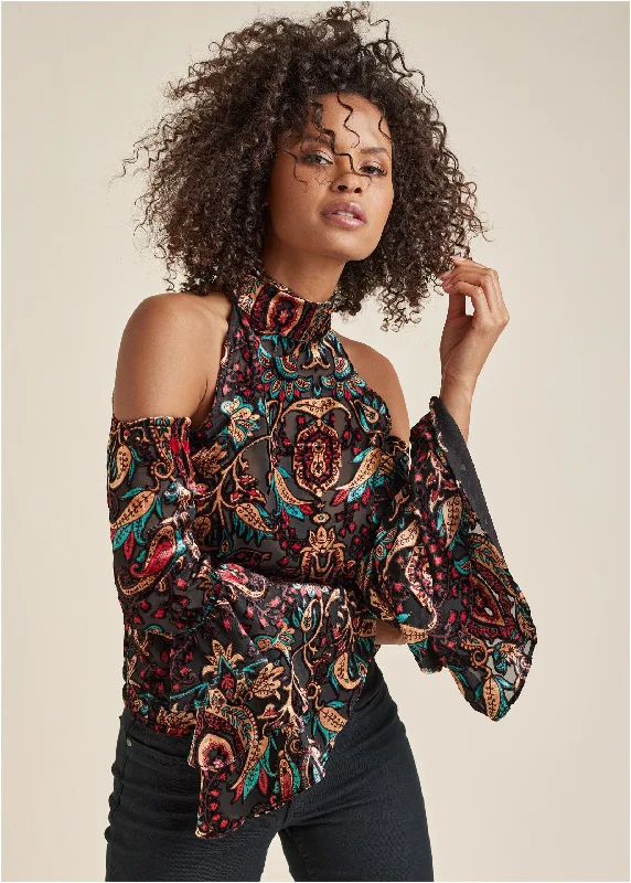Trendy Items Cold Shoulder Ruffle Top - Black Multi