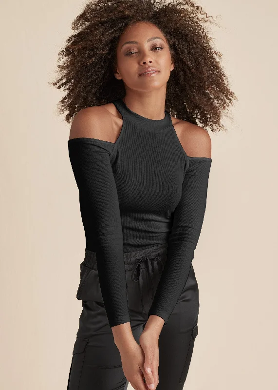 Must-have For Autumn And Winter Ribbed Cold Shoulder Top - Black